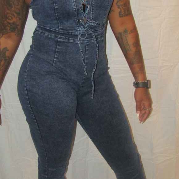 Lace up denim jumpsuit - Picture 2 of 4